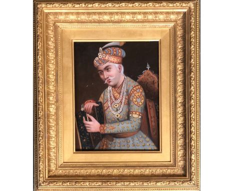 20th century portrait of Mughal Emperor Akbar, oil on panel, 24x19cm 