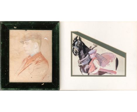 A pastel portrait of a man in a flat cap, within a green velvet frame, 25x20cm; together with a watercolour study of a man an
