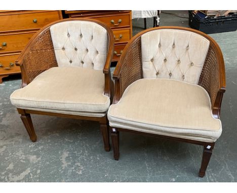A pair of 20th century bergere tub chairs, button upholstered back, loose cushions, 64cmW 