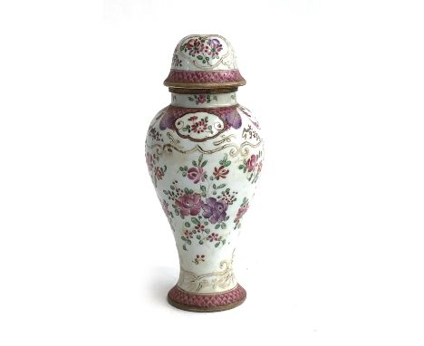 A small Chinese famille rose baluster lidded vase, holes drilled for lamp conversion, 20cmH 