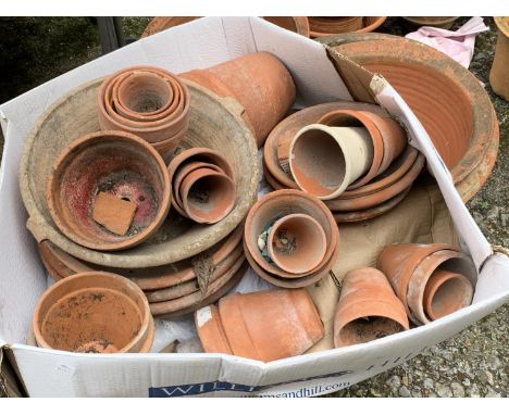 A quantity of terracotta plant pots and saucers 