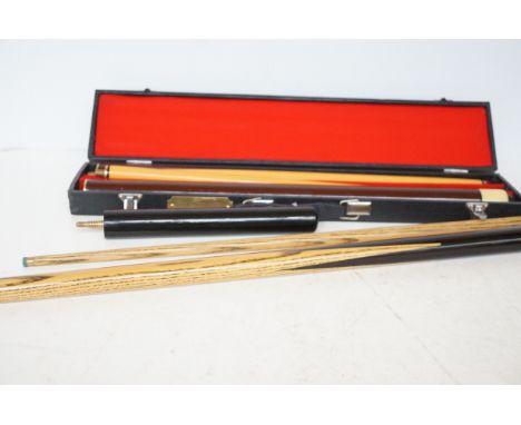 Rle custom cues snooker cue together with a cased pool cue 