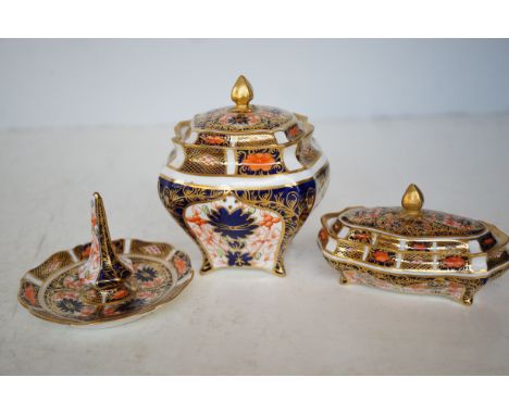 Early royal crown derby lidded pot - lid damaged together with a trinket box & ring holder - All A.F