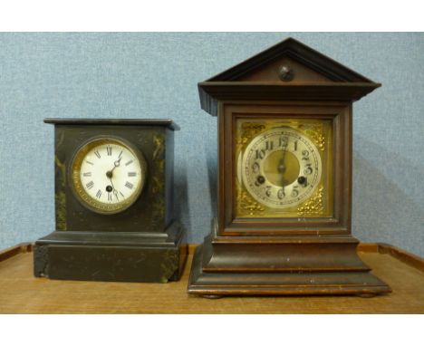 A 19th Century German Junghans mahogany mantel clock and a Belgian slate mantel clock, a/f 