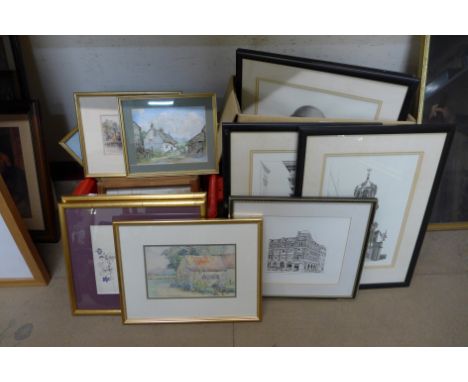 Two boxes of architectural prints, watercolours, oils, prints, etc. 