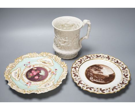 A Flight &amp; Barr, Worcester plate painted with a view of Ennischerry, Dublin, 23cm, another by Davenport and a Charles Mei