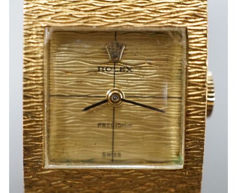 A lady's 1960's textured 18ct gold Rolex Precision manual wind bracelet watch, case diameter 17mm, gross weight 70.3 grams, w