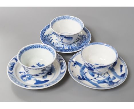 3 Chinese Kangxi blue and white tea bowls and saucers, 10cm diameter