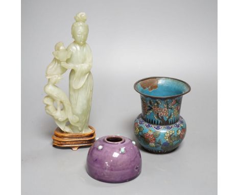 A small enamelled cloisonné vase, 10cm, together with a carved bowenite jade figure, on wood plinth and glazed ceramic brush 