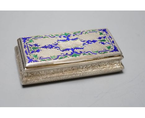 A 19th century Austro-Hungarian white metal and two colour enamel snuff box, with interior engraved inscription, 92mm, gross 