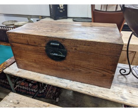 A Chinese rectangular elm trunk, length 88cm, depth 56cm, height 38cm