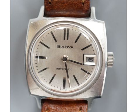 A lady's stainless steel  Bulova manual wind wrist watch, on a Hirsch leather strap.