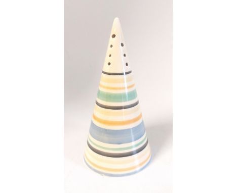 A trial Clarice cliff ? Deco conical sugar sifter, with banded decoration C1931 unmarked , but see pictures,&nbsp; stands 14 