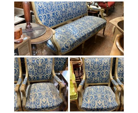Blue and Gold gilt effect salon suite. sofa and two chairs&nbsp; sofa measures approximately 100cmsH x 170cms wide.