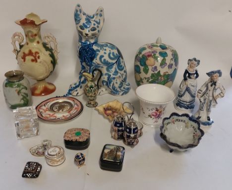 A large selection of 20th C mixed ceramics and glass to include a Galle style&nbsp;blue cat. numerous flower encrusted basket
