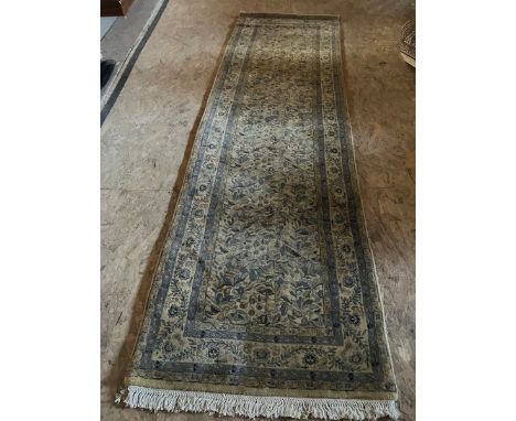Carpet Runner in cream with accented green and ornathological repeating pattern
9'7"' x 33"&nbsp; &nbsp;Condition good