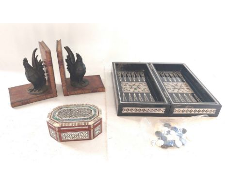 A modern Mother of pearl lacquered&nbsp;back gammon set, with some mother of pearl inlay inside, comes with counters and dice