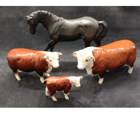 A Beswick Hereford family group comprising Champion of Champions bull and cow and a calf and a Beswick model of Black Beauty 