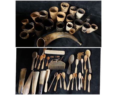 Selection of Horn Beakers and a hunting horn horn.&nbsp; collection of bone and horn (all checked) spoons, shoe horns, comb s
