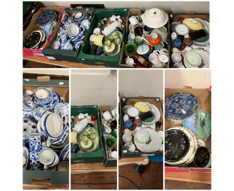 Five boxes of assorted ceramics including Royal Doulton, Foley, Carlton ware, Wedgwood, Minton. cups mugs, dishes plates, som