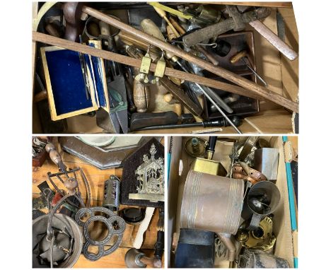 A box of wooden and various hand tools, plus&nbsp; a box of Metal and wooden items including brass and other metals, trivets,