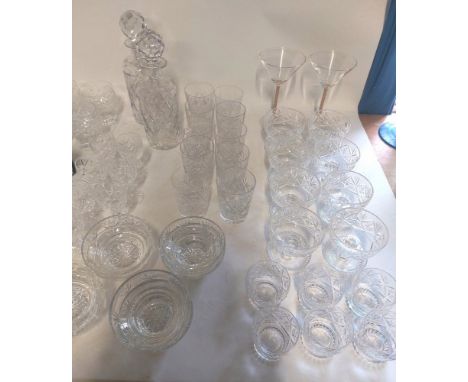 A large collection of cut glass to include 2 decanters.
wine glasses x 4
sherry glasses x 6
Brandy x 2
whiskey x 10
8 sundae 