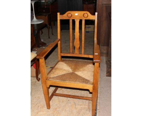 Large Deco style chair Rush seat with carver arms. plus&nbsp;Hexagonal oak side table with shelf&nbsp; &nbsp;