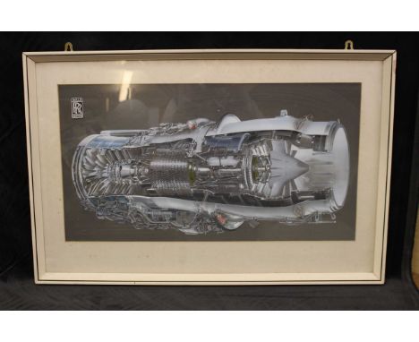 A detailed technical drawing of a Rolls Royce aero engine with attached Rolls Royce label and monogram, watercolour, 35cm x 6
