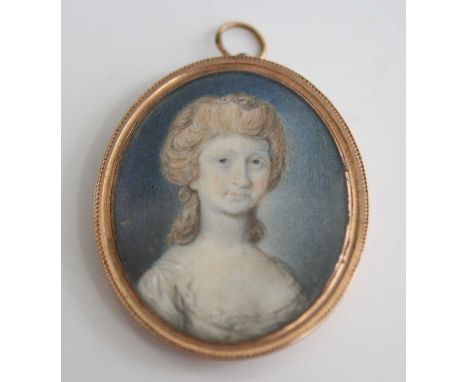 Mid-19th century English school - bust portrait of a woman wearing her hair up, miniature watercolour on ivory, unsigned, 37 