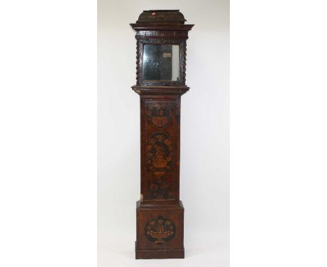 An early 18th century walnut and floral marquetry inlaid longcase clock, having an associated square brass 13.5" dial and mov