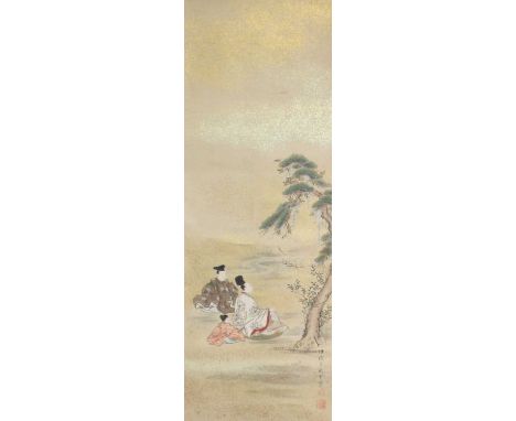 Tsukioka Sessai (Japanese 1761-1839) - Courtiers resting beneath a tree on a riverbank, Edo period kakejiku (hanging scroll),