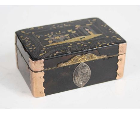 A 19th century tortoiseshell and two-colour gold pique worked table snuff box, the hinged cover decorated with flowers and ob