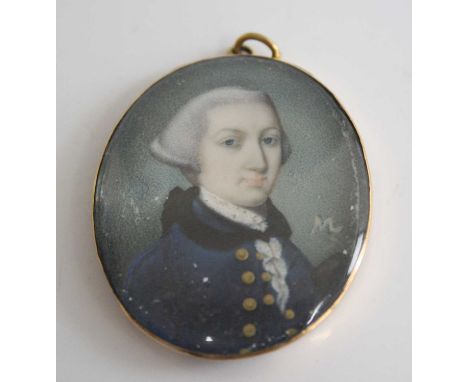 Early 19th century English school - half-length portrait of a gentleman in a blue coat with brass buttons, miniature watercol