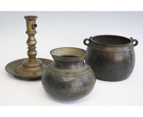 An 18th century North Indian copper alloy lota vessel of squat circular form, h.13cm, together with an Indian brass puja lamp