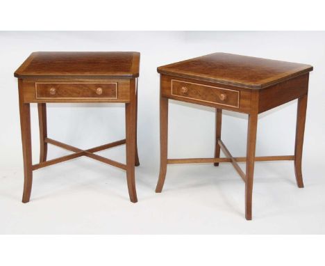 A pair of walnut and figured walnut lamp tables, each having crossbanded tops above single frieze drawer, w.50cm, d.50cm, h.5