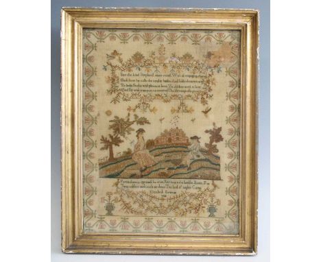 A George IV needlework, verse and picture sampler, by Elizabeth Newton and dated 1822, finely worked with a central courtship