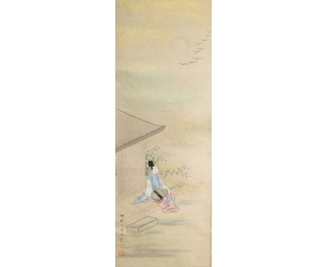 Tsukioka Sessai (Japanese 1761-1839) - Biwa player resting on a veranda, Edo period kakejiku (hanging scroll), ink and colour