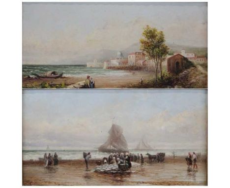R W Braithwaite - Fisherfolk awaiting the catch and a companion painting, oil on artist board, each signed verso, 15 x 31cm (