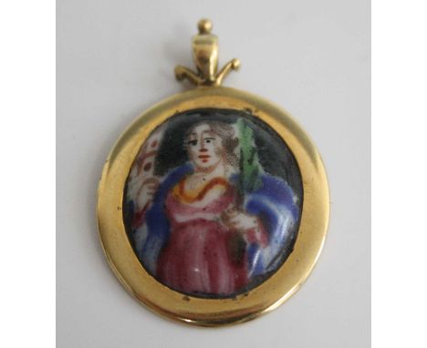 A 19th century continental porcelain and polychrome enamel portrait pendant, being of convex form, painted three-quarter leng