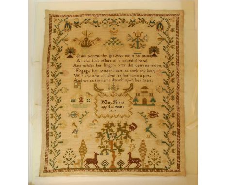 A George IV needlework, verse and picture sampler, signed Mary Farrer aged 10 years and dated 1827, 52.5 x 44.5cm With 11cm h