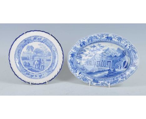 A circa 1810 Spode blue and white transfer decorated Caramanian series platter, depicting part of the harbour of Macri, patte