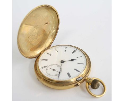 A late Victorian gent's 18ct gold cased full hunter pocket watch, having a plain case, the unsigned white enamel dial with su