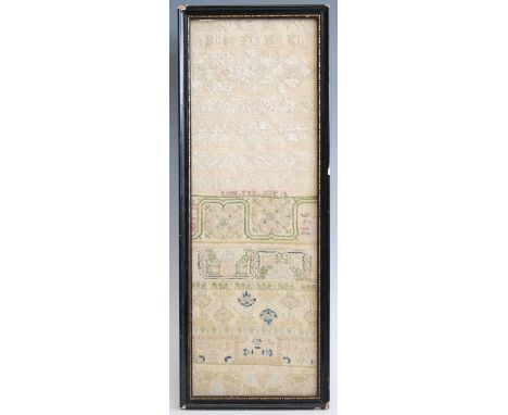 A late 17th century style needlework silk on linen lace band sampler, signed Ann Fox aged 12 and dated May 17 1676, 52 x 17.3