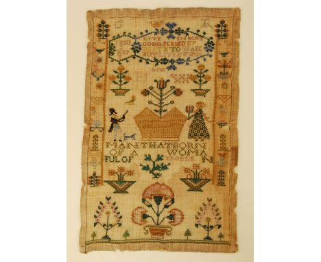 A George IV needlework, picture and verse sampler, unframed and unsigned, 39 x 25cmSome tears, losses and discolouration. Sta