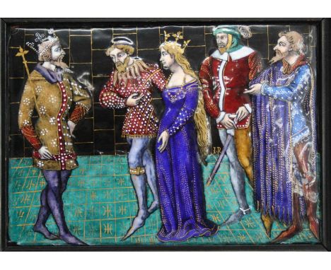 After Jean Reymond (late c16th) - Late medieval Royal courtship scene, Limoges enamel plaque, signed with monogram to the cen