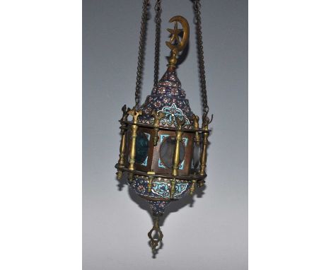 A Damascus cuerda seca mosque lamp of brass and copper construction, the enamelled domed cover surmounted by a crescent and s