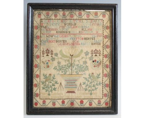 A George III needlework alphabet, verse and picture sampler, by Mary Lambert and dated 1774, having a central vase issuing fl