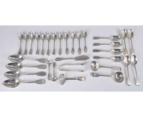 A harlequin collection of 19th century silver flatware, all in the Fiddle &amp; Thread pattern, comprising twelve teaspoons, 