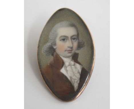 Mid-19th century English school - half-length portrait of a gentleman wearing a brown tunic with silk ruff, miniature waterco