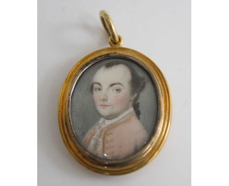 Circa 1830 English school - bust portrait of a gentleman wearing a pink tunic, miniature watercolour on ivory, unsigned, 23 x